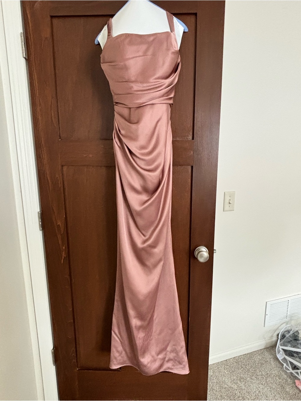 Oris Blush Pink Ruched Dress with Braided Strap and sheer scarf